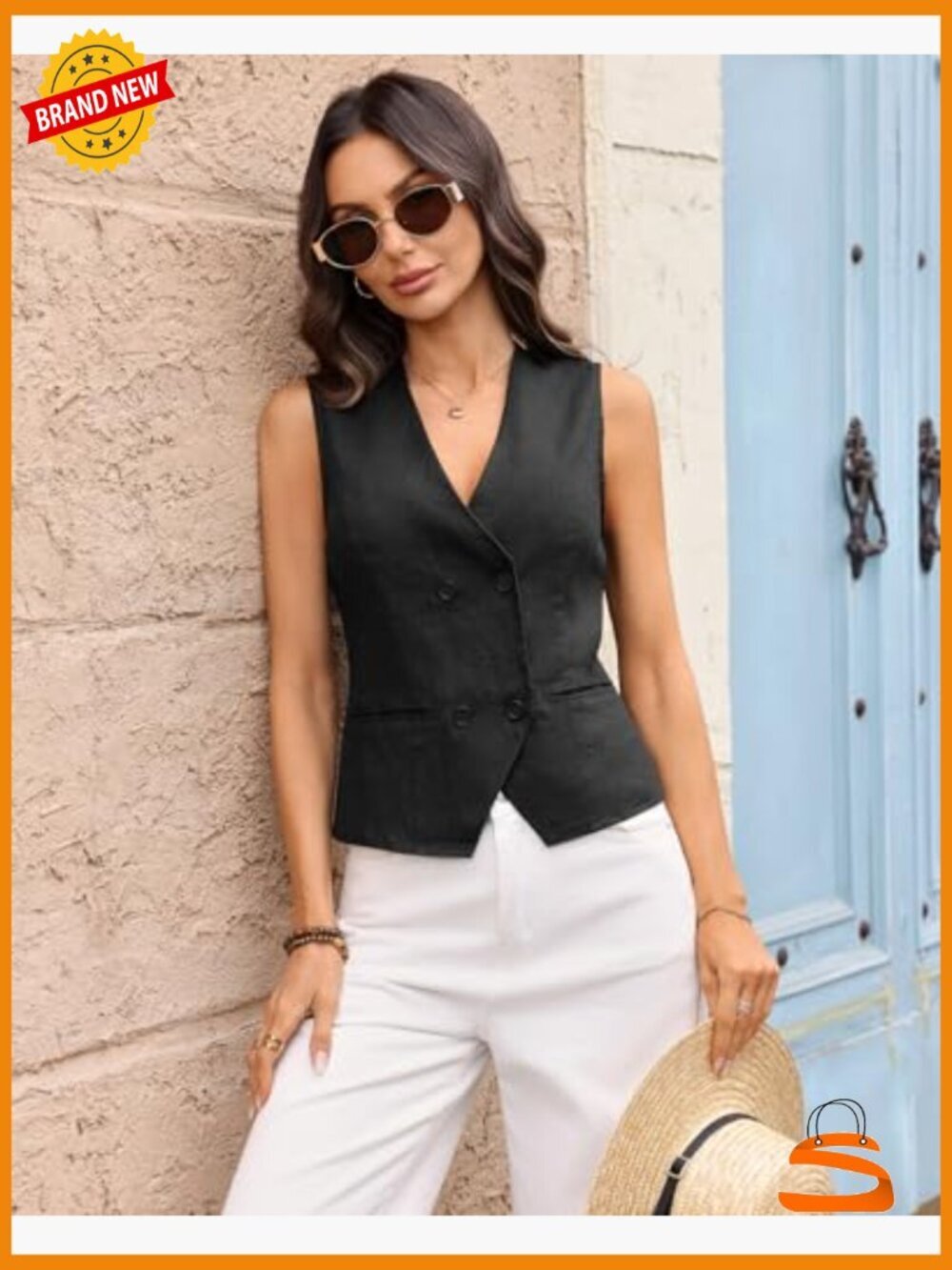 Linen V-Neck Double Breasted Back Tie Vest Sleeveless Waistcoat - Picture 3 of 7